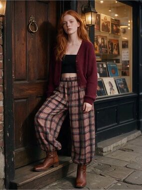 Women’s Plaid gaucho Balloon Pants with pockets